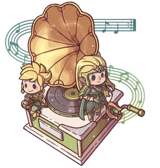 2boys armor beamed_eighth_notes chibi crank ezreal league_of_legends long_hair male_focus multiple_boys musical_note phonograph quarter_note vinyl_record wenny02