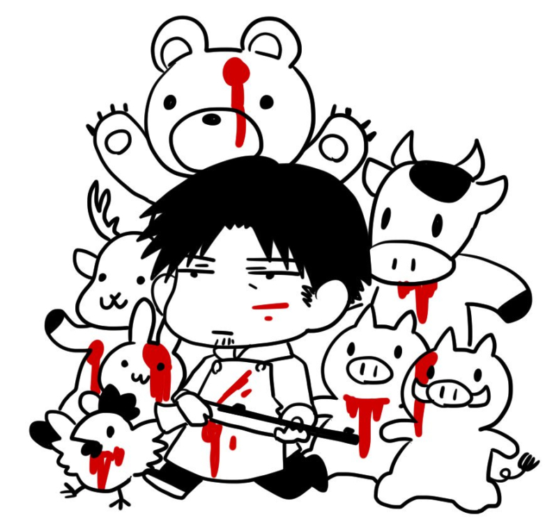 1boy apron bear bird blood blood_on_face boar chibi chibi_only chicken closed_mouth deer facial_hair goatee_stubble greyscale gun holding holding_gun holding_weapon hunting_rifle jitome long_sleeves male_focus monochrome no_nose original pig rabbit rifle short_hair sideburns spot_color stubble tanotsuku_daisuke walking weapon