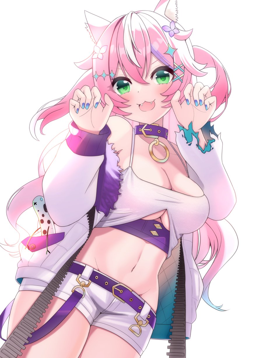 1girl animal_ears bare_shoulders belt breasts choker claw_pose cleavage clothing_cutout cowboy_shot crop_top fangs fur_trim gradient_hair green_eyes hands_up highres jacket long_hair looking_at_viewer medium_breasts midriff multicolored_hair nail_polish navel nijisanji nijisanji_kr off_shoulder open_mouth pink_hair purple_choker shirt short_shorts shorts sleeveless sleeveless_shirt smile solo spaghetti_strap standing stomach streaked_hair thighs toriniku_(selene1050) two_side_up underboob underboob_cutout virtual_youtuber white_jacket white_shirt white_shorts yang_nari