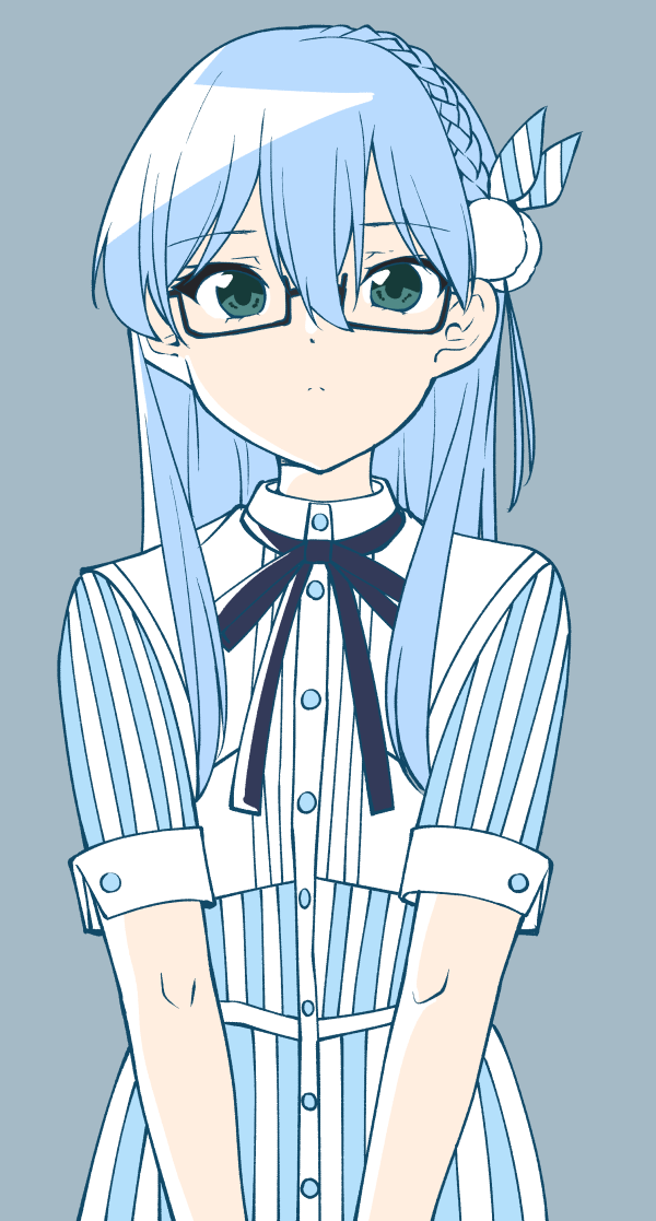 1girl 22/7 black-framed_eyewear black_ribbon blue_hair bow bowtie braid closed_mouth cowboy_shot dress glasses green_eyes grey_background hair_between_eyes hair_bow light_blue_hair long_hair maruyama_akane neck_ribbon rectangular_eyewear ribbon rikaisha semi-rimless_eyewear short_sleeves simple_background single_braid solo striped_bow striped_bowtie striped_clothes striped_dress trefle_r under-rim_eyewear v_arms vertical-striped_clothes vertical-striped_dress