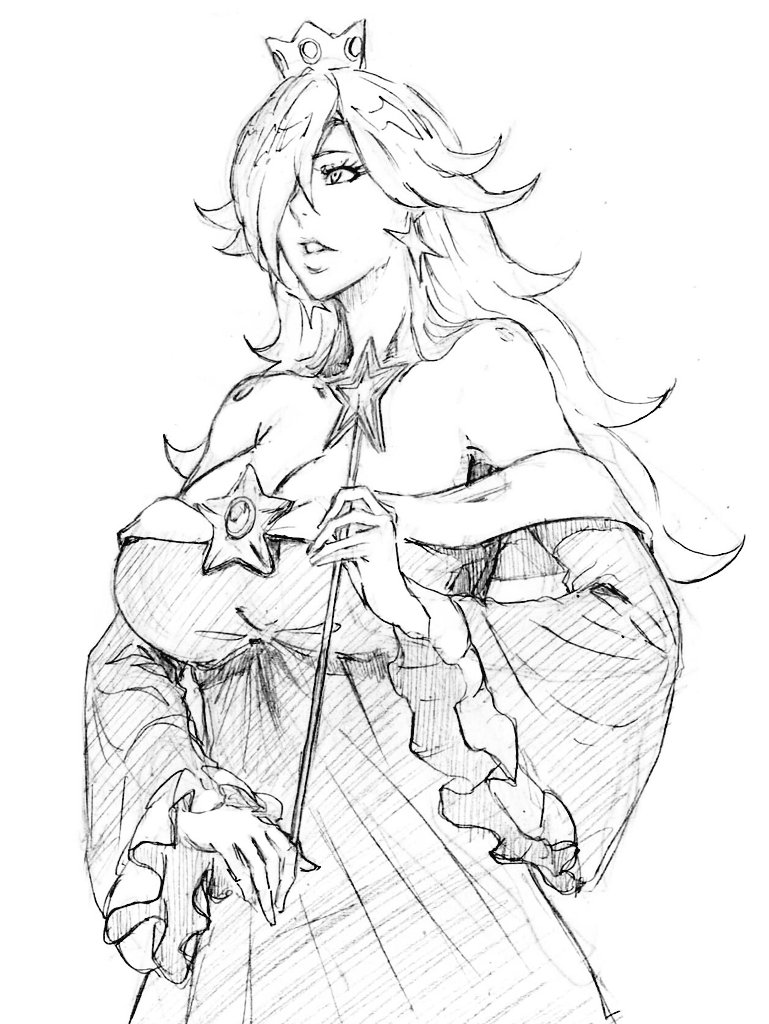 1girl alternate_breast_size_(larger) bare_shoulders blonde_hair breasts brooch cleavage crown dress earrings greyscale hair_between_eyes hair_over_one_eye holding holding_wand jewelry kubo_tite_(style) large_breasts long_hair long_sleeves mario_(series) monochrome nintendo off-shoulder_dress off_shoulder open_mouth rakusakugk rosalina silver_crown simple_background sketch solo star_(symbol) star_brooch star_earrings star_wand super_mario_galaxy wand white_background
