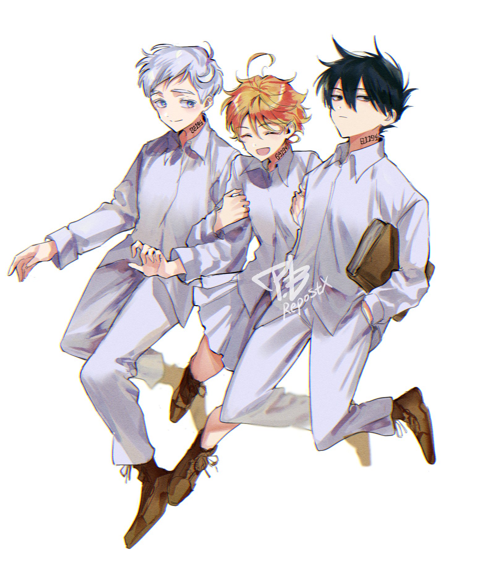 1girl 2boys black_hair blue_eyes book brown_footwear closed_eyes collared_shirt crossed_arms emma_(yakusoku_no_neverland) full_body grey_eyes hands_in_pockets highres holding holding_book m_m_pb multiple_boys neck_tattoo norman_(yakusoku_no_neverland) number_tattoo open_mouth orange_hair pants ray_(yakusoku_no_neverland) shirt shoelaces simple_background skirt tattoo white_background white_hair white_pants white_shirt white_skirt yakusoku_no_neverland