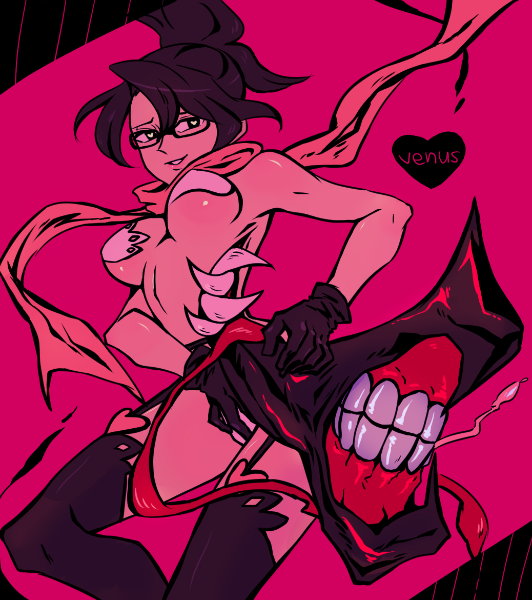 1girl artist_collaboration brown_hair character_name extra_mouth folded_ponytail garter_straps glasses gloves heart heart-shaped_pupils kyouhei_hei monster_girl pasties pink_background scarf skullgirls smile solo symbol-shaped_pupils thighhighs venus_(skullgirls) yojio_(2188)