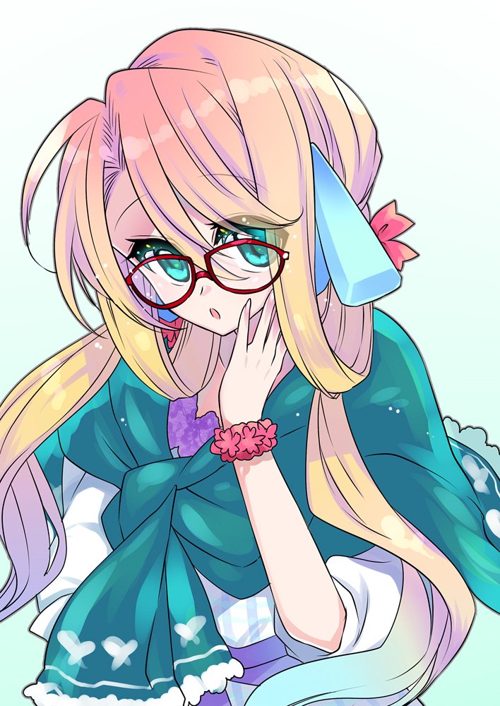 1girl blonde_hair blue_eyes female_focus glasses gradient_background gradient_hair green_background hand_on_own_cheek hand_on_own_face haruno_sora long_hair looking_at_viewer multicolored_hair red-framed_eyewear simple_background solo trpg01 upper_body vocaloid voiceroid