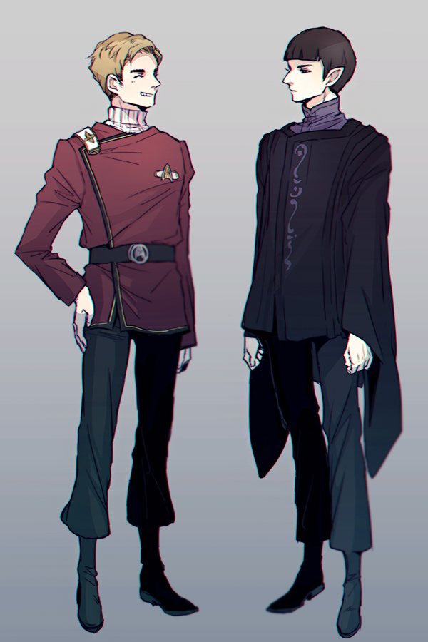 2boys closed_eyes james_tiberius_kirk multiple_boys pointy_ears smile spock star_trek starfleet_uniform vulcan