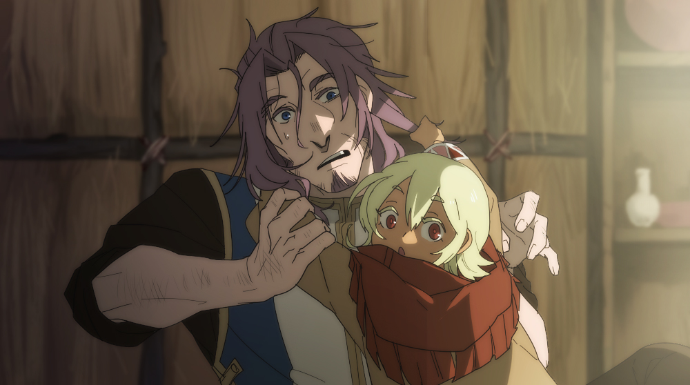 1boy 1girl blonde_hair blue_eyes blue_tunic brown_sweater child facial_hair facing_viewer goatee gurast hug indoors leaning_on_person looking_at_viewer mature_male original ponytail purple_hair red_eyes red_poncho sleeves_rolled_up sweatdrop sweater tunic