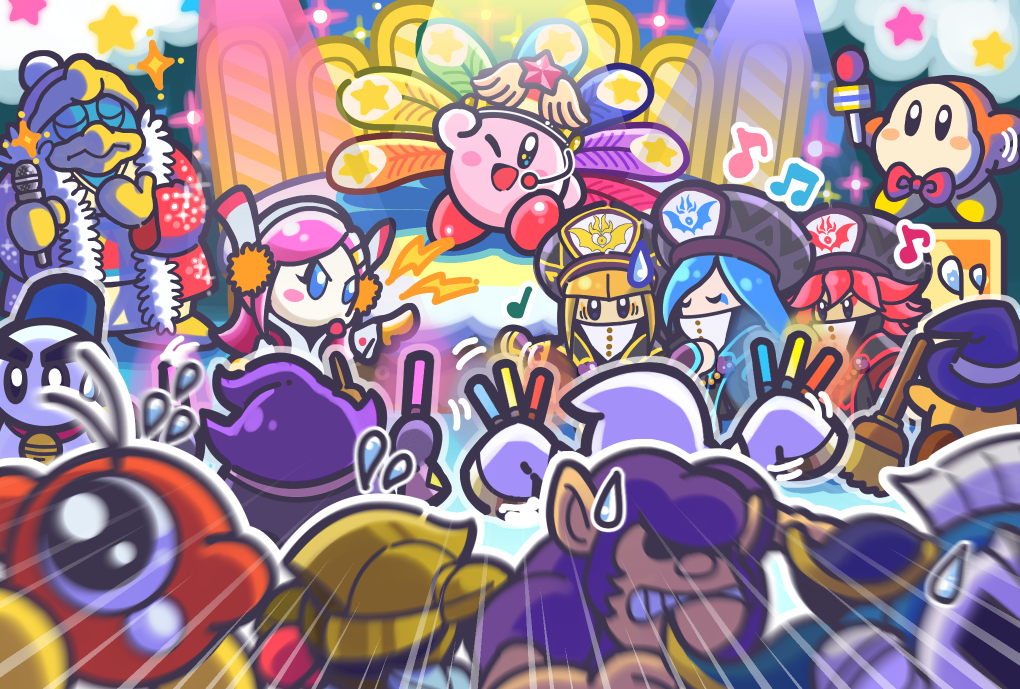 2boys 4girls ;d artist_request blonde_hair blue_hair bonkers broom_hatter channel_ppp cheering chilly_(kirby) commentary_request copy_ability festival_kirby flamberge_(kirby) flying_sweatdrops francisca_(kirby) glowstick headset hyness king_dedede kirby kirby:_planet_robobot kirby_(series) kouhaku_uta_gassen max_profitt_haltmann meta_knight multiple_boys multiple_girls new_year nintendo official_art one_eye_closed open_mouth rayman_limbs red_hair smile star_(symbol) susie_(kirby) waddle_dee waddle_doo zan_partizanne