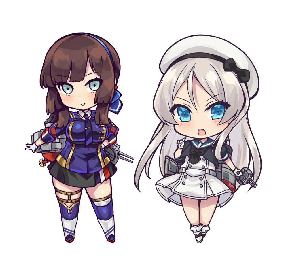 2girls adapted_turret akikaze_tsumuji black_neckerchief black_skirt blue_eyes blue_hairband blue_ribbon blue_sailor_collar blunt_sidelocks breasts brown_hair cannon chibi dress freckles gloves green_eyes grey_hair hairband hat javelin_(kancolle) kantai_collection large_breasts long_hair loose_hair_strand miniskirt mismatched_thighhighs mogador_(kancolle) mogador_kai_(kancolle) multiple_girls neckerchief pleated_skirt ribbon rigging sailor_collar sailor_dress sailor_hat short_sleeves sidelocks skirt smile thighhighs very_long_hair white_background white_dress white_gloves white_hat