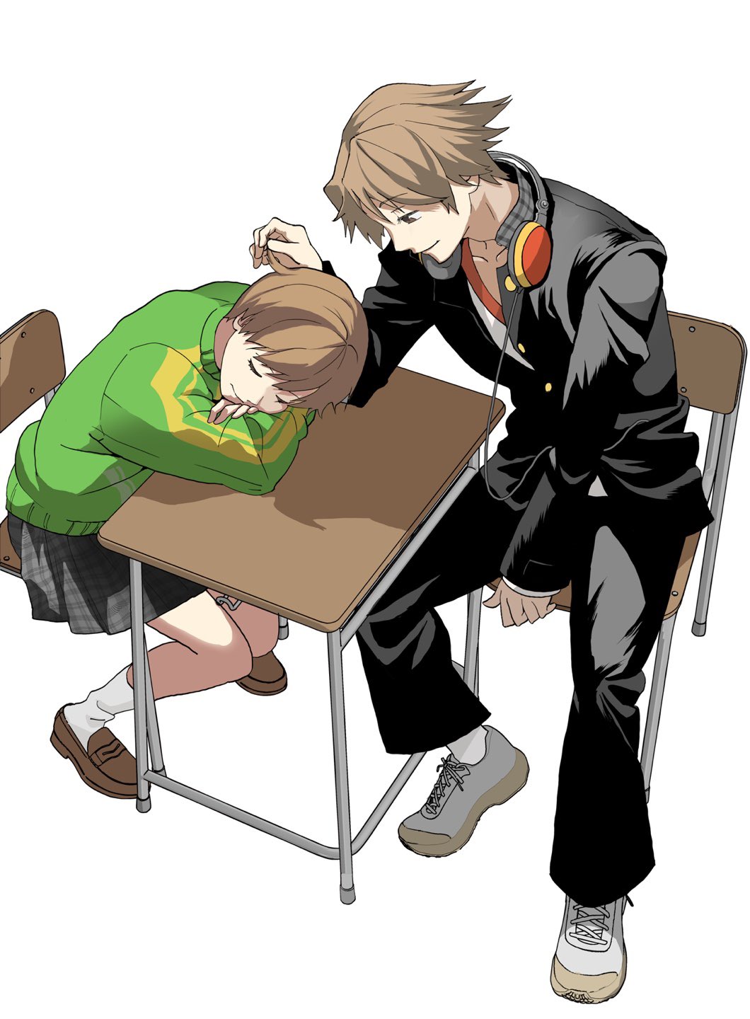 1boy 1girl brown_hair desk hanamura_yousuke head_down headphones headphones_around_neck highres jonghoengmujin looking_at_another persona persona_4 satonaka_chie school_desk school_uniform short_hair sleeping smile yasogami_school_uniform