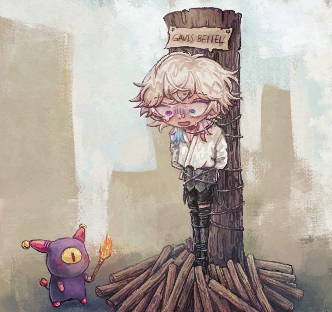 1boy black_shorts black_thighhighs blue_eyes blue_hair boots bound character_name commentary creature english_commentary full_body gavis_bettel gavis_bettel_(1st_costume) grey_hair heterochromia holding holding_torch holostars holostars_english lakuta long_sleeves male_focus multicolored_hair nervous_sweating open_mouth phantom_(gavis_bettel) pink_eyes pink_hair restrained scared shirt short_hair shorts solo sweat tears thigh_boots thighhighs tied_to_stake tied_up_(nonsexual) toon_(style) torch virtual_youtuber wide-eyed