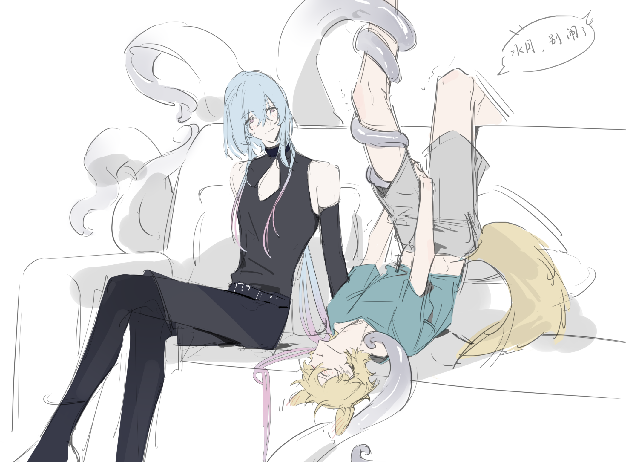 2boys ahoge animal_ears arknights bare_shoulders belt black_belt black_gloves black_shirt black_shorts black_thighhighs blonde_hair blue_hair blue_shirt blush chinese_commentary cleavage_cutout closed_eyes closed_mouth clothing_cutout commentary_request couch crossed_legs dog_boy dog_ears dog_tail ear_blush fandangyu gloves gradient_hair grey_shorts hair_between_eyes highres holding_own_leg implied_yaoi leg_up looking_at_another male_focus messy_hair midriff_peek mizuki_(arknights) multicolored_hair multiple_boys on_couch pink_eyes pink_hair shirt short_hair_with_long_locks shorts sleeveless smile stomach tail tail_wagging tentacles tentacles_on_male tentacles_under_clothes tequila_(arknights) thighhighs translation_request turtleneck upside-down