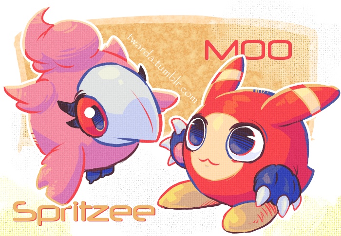 :3 beak character_name claws commentary creature crossover english_commentary eyelashes gen_6_pokemon gimp_(medium) kaze_no_klonoa moo_(klonoa) nintendo no_humans painttool_sai_(medium) pink_fur pokemon pokemon_(creature) red_eyes spritzee tumblr_username twarda8