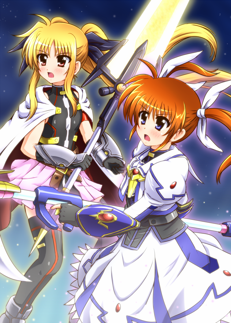 2girls bardiche_(nanoha) bardiche_(zanber_form)_(nanoha) blonde_hair blush boots bow cape diesel-turbo energy_sword fate_testarossa fate_testarossa_(blaze_form) fingerless_gloves gauntlets gloves hair_bow long_hair lyrical_nanoha magical_girl mahou_shoujo_lyrical_nanoha mahou_shoujo_lyrical_nanoha_a&#039;s mahou_shoujo_lyrical_nanoha_the_movie_2nd_a&#039;s multiple_girls raising_heart raising_heart_(exelion_mode)_(2nd) skirt sword takamachi_nanoha takamachi_nanoha_(exelion_mode) thighhighs twintails weapon