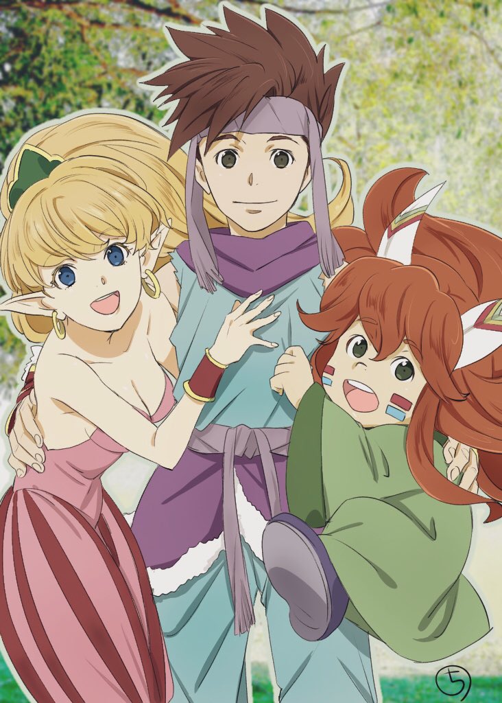 1boy 1girl 1other androgynous bare_shoulders blonde_hair blue_eyes breasts brown_hair cleavage closed_mouth earrings headband jewelry kobayashi_chizuru long_hair looking_at_viewer multiple_girls open_mouth pointy_ears ponytail popoi_(seiken_densetsu_2) primm_(seiken_densetsu_2) randi_(seiken_densetsu_2) red_hair seiken_densetsu seiken_densetsu_2 smile spiked_hair
