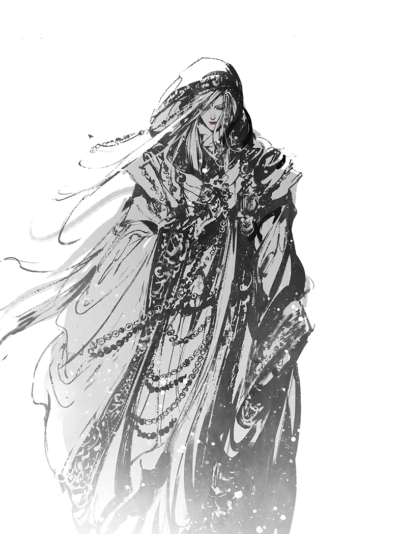 1boy beads chinese_clothes closed_eyes closed_mouth facial_mark fading feet_out_of_frame floating_clothes floating_hair greyscale hanfu holding huadian jinguang_budaixi kcllzas163 layered_sleeves long_hair long_sidelocks long_sleeves male_focus monochrome prayer_beads qiao_rulai sidelocks simple_background sleeves_past_wrists solo spot_color standing straight-on swept_bangs veil white_background wide_sleeves