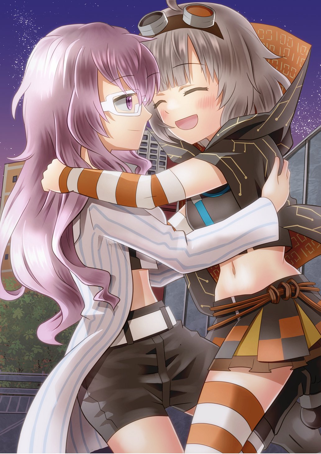 2girls :d adapted_costume akinomi_0422 belt black_boots black_cloak black_shorts black_skirt blue_stripes blunt_bangs blush boots checkered_clothes checkered_skirt circuit_board_print cloak closed_eyes cowboy_shot detached_sleeves frilled_skirt frills glasses goggles goggles_on_head grey_hair highres hug jacket kazari_jun layered_skirt long_hair long_sleeves magia_record:_mahou_shoujo_madoka_magica_gaiden mahou_shoujo_madoka_magica miniskirt miwa_mitsune multiple_girls mystical_high_collar navel open_mouth orange_belt orange_cloak orange_sleeves orange_thighhighs outdoors pink_hair print_cloak profile short_hair shorts skirt smile striped_clothes striped_jacket striped_sleeves thighhighs two-sided_cloak two-sided_fabric two-tone_cloak very_long_hair white-framed_eyewear white_belt white_jacket