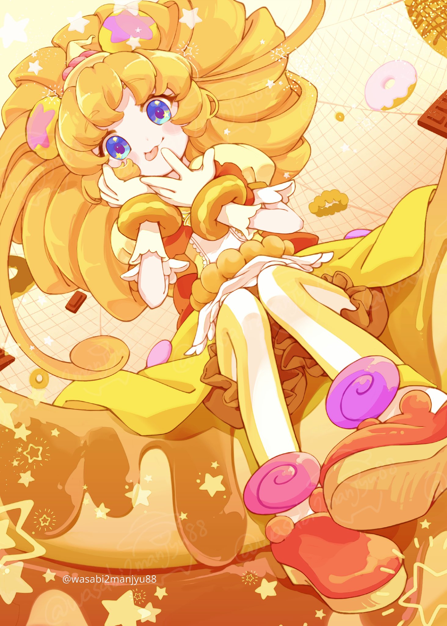bear bloomers blue_eyes donut food gloves hands_on_own_face hat highres looking_at_viewer mahou_girls_precure! mini_hat mini_witch_hat mofurun_(mahou_girls_precure!) orange_hair precure puffy_short_sleeves puffy_sleeves short_sleeves sitting star_(symbol) star_in_eye sweets symbol_in_eye tongue tongue_out underwear wasabi_sankiro witch_hat yellow_arm_warmers yellow_bloomers