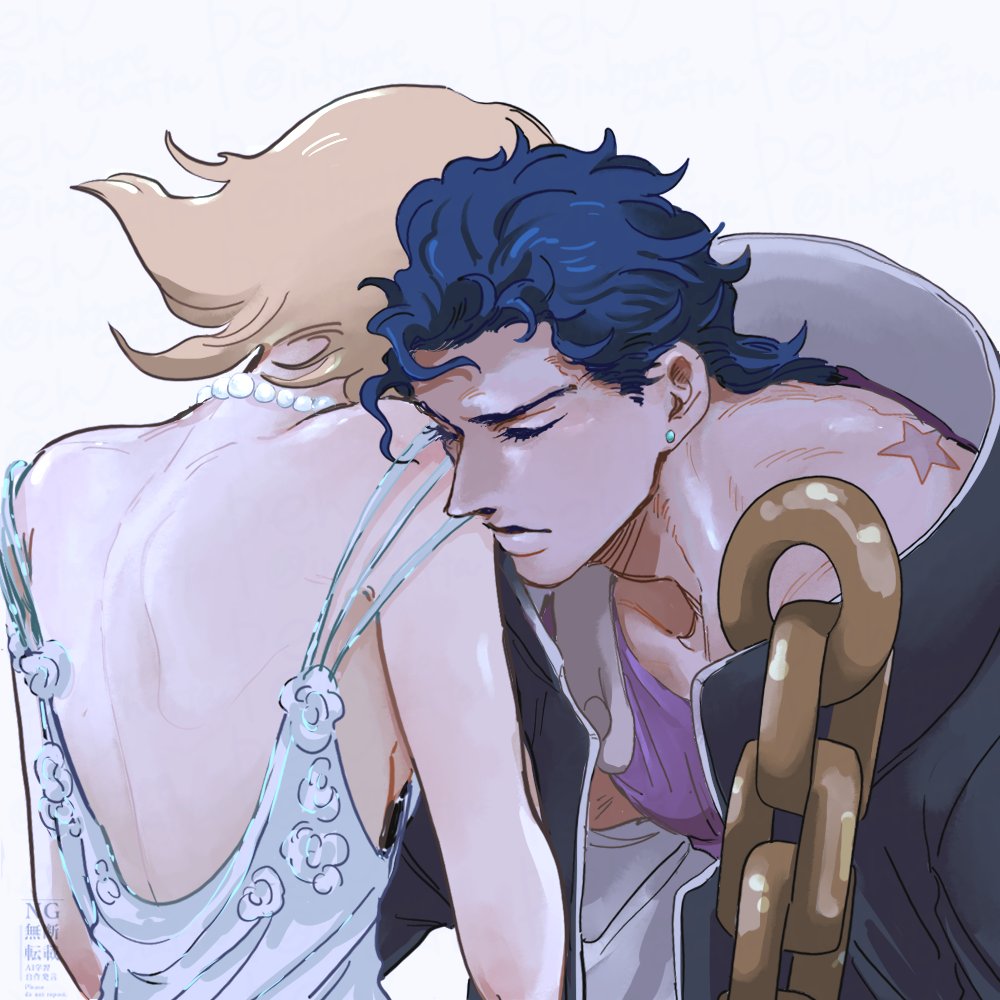 1boy 1girl backless_dress backless_outfit bead_necklace beads birthmark black_jacket blonde_hair chain closed_eyes closed_mouth couple curly_hair dress earrings inkmorechatta jacket jewelry joestar_birthmark jojo_no_kimyou_na_bouken kuujou_joutarou leaning_forward leaning_on_person mrs._kujo necklace official_alternate_costume open_clothes open_jacket purple_shirt shirt short_hair star_(symbol) stud_earrings white_background white_dress