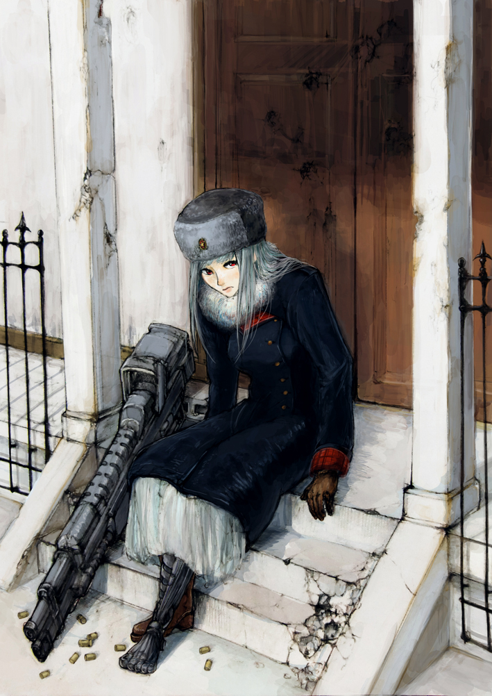 1girl boots coat cyborg damaged doorway female_focus fur_hat fur_trim gloves gun hat nnn_(sanjo) russia science_fiction shell_casing solo ushanka weapon