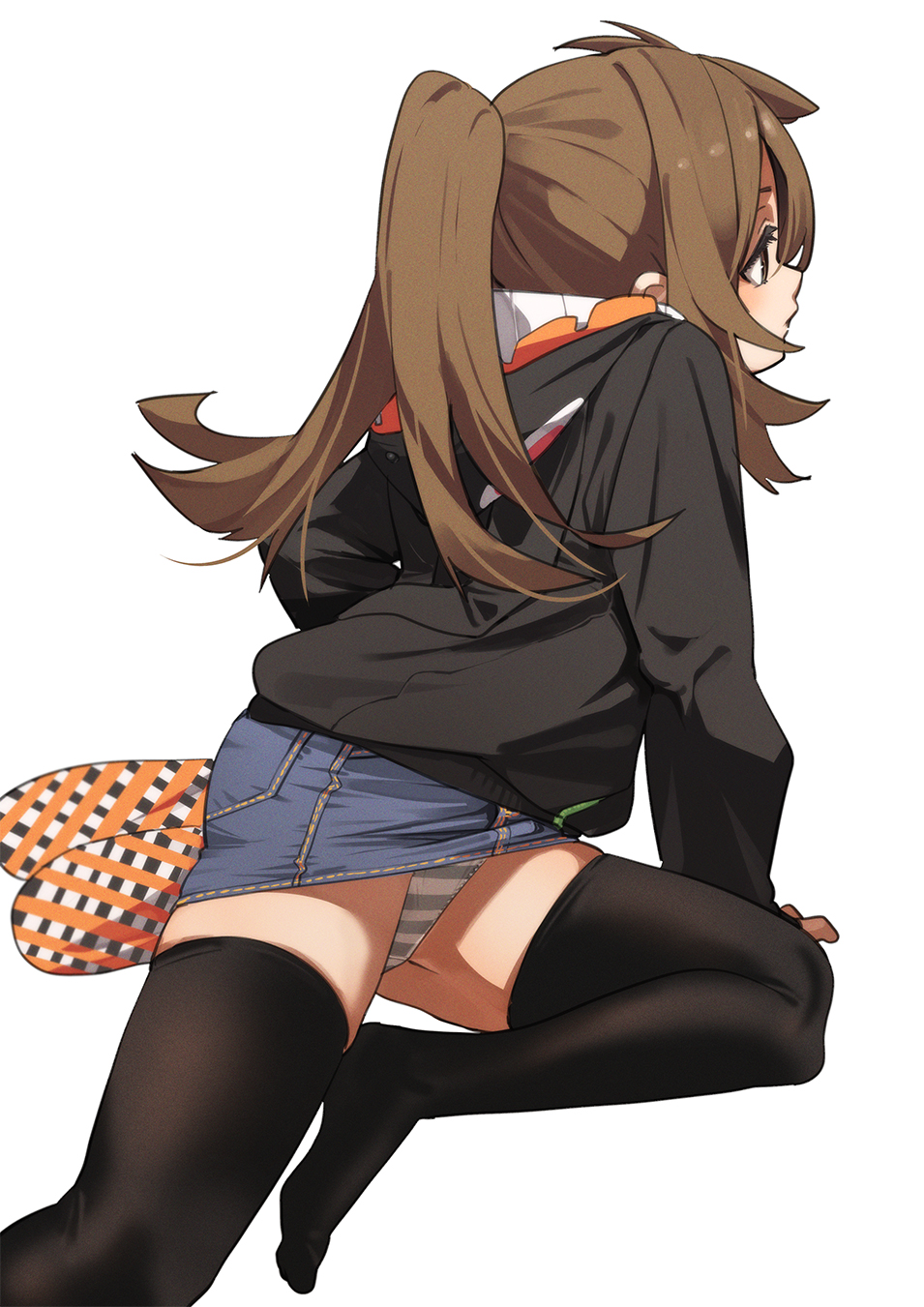1girl black_jacket black_thighhighs blue_shorts brown_eyes brown_hair commentary_request fu-ta highres jacket long_hair long_sleeves original panties pantyshot shorts simple_background sitting solo striped_clothes striped_panties thighhighs underwear usami_taiga white_background white_panties