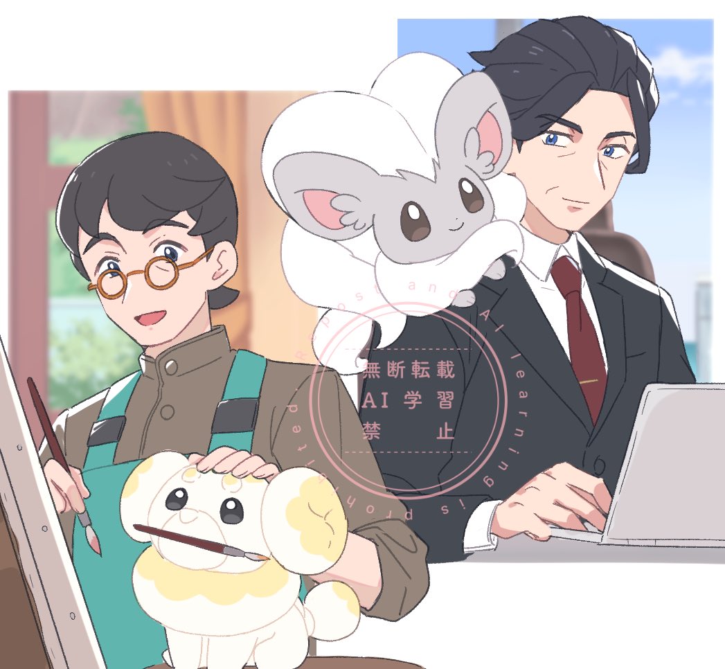 2boys :d alex_(pokemon) apron black_hair black_jacket blue_eyes brown_shirt buttons cervantis_(pokemon) cinccino closed_mouth collared_shirt commentary_request fidough gen_5_pokemon glasses green_apron holding holding_paintbrush jacket long_sleeves male_focus multiple_boys necktie nintendo nm222 on_shoulder open_mouth paintbrush pokemon pokemon_(anime) pokemon_(creature) pokemon_horizons pokemon_on_shoulder red_necktie round_eyewear shirt short_hair sleeves_rolled_up smile watermark white_shirt