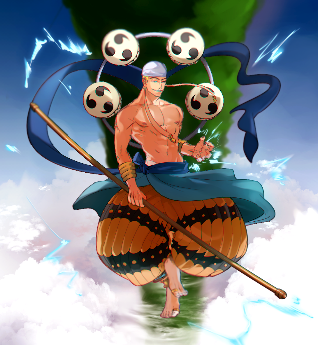 1boy anklet blonde_hair blue_sash blue_sky blurry bracelet depth_of_field drum earrings enel full_body gold_bracelet gold_earrings gold_ring grin holding holding_staff instrument jewelry long_earlobes male_focus mature_male mirin_(coene65) mitsudomoe_(shape) one_piece orange_pants pants pectorals puffy_pants sash short_hair skullcap sky smile solo staff toe_ring toenails tomoe_(symbol) topless_male white_headwear