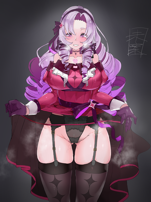 1girl bare_shoulders black_panties black_thighhighs blush breasts claw_ring drill_hair female_pubic_hair garter_belt garter_straps gloves gluteal_fold grin groin hairband hyakumantenbara_salome hyakumantenbara_salome_(1st_costume) large_breasts lifting_own_clothes mian nijisanji panties pubic_hair pubic_hair_peek purple_eyes purple_gloves purple_hair smile solo tattoo thighhighs underwear virtual_youtuber