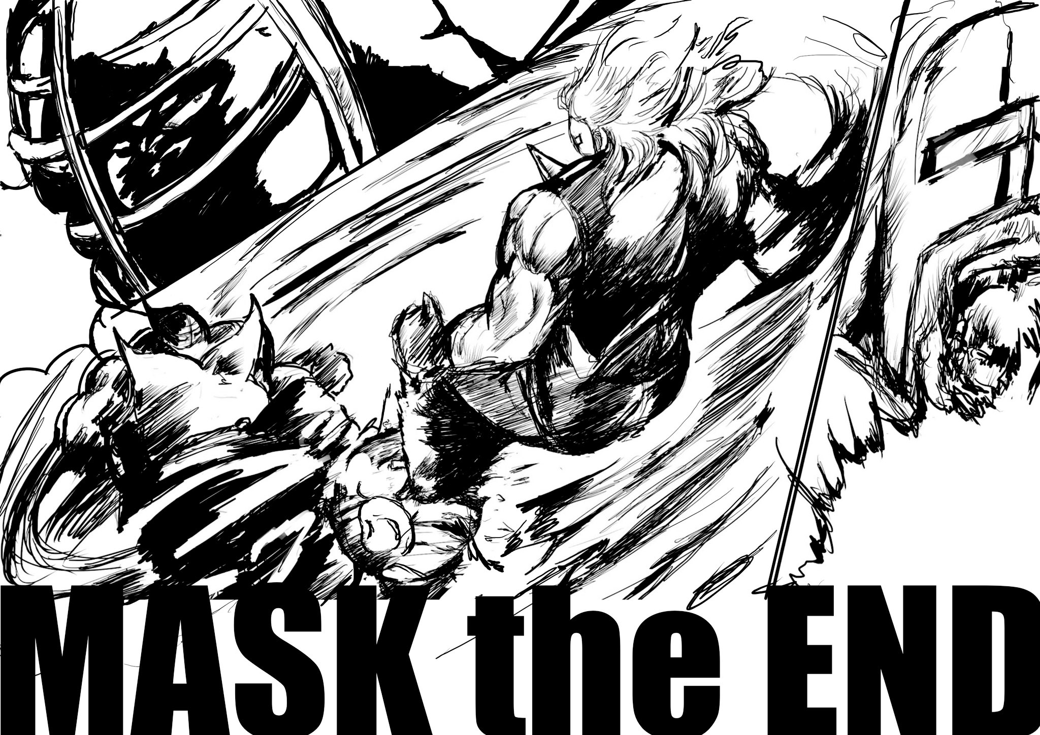 3boys abs attack biceps big_the_budo blood english_text facial_hair helmet highres holding kinniku_suguru kinnikuman kinnikuman_(character) looking_at_another manly monochrome motion_lines multiple_boys muscular mustache neptuneman serious shaded_face spikes standing tag_team teamwork vest wrestling wrestling_outfit yoshiokanp