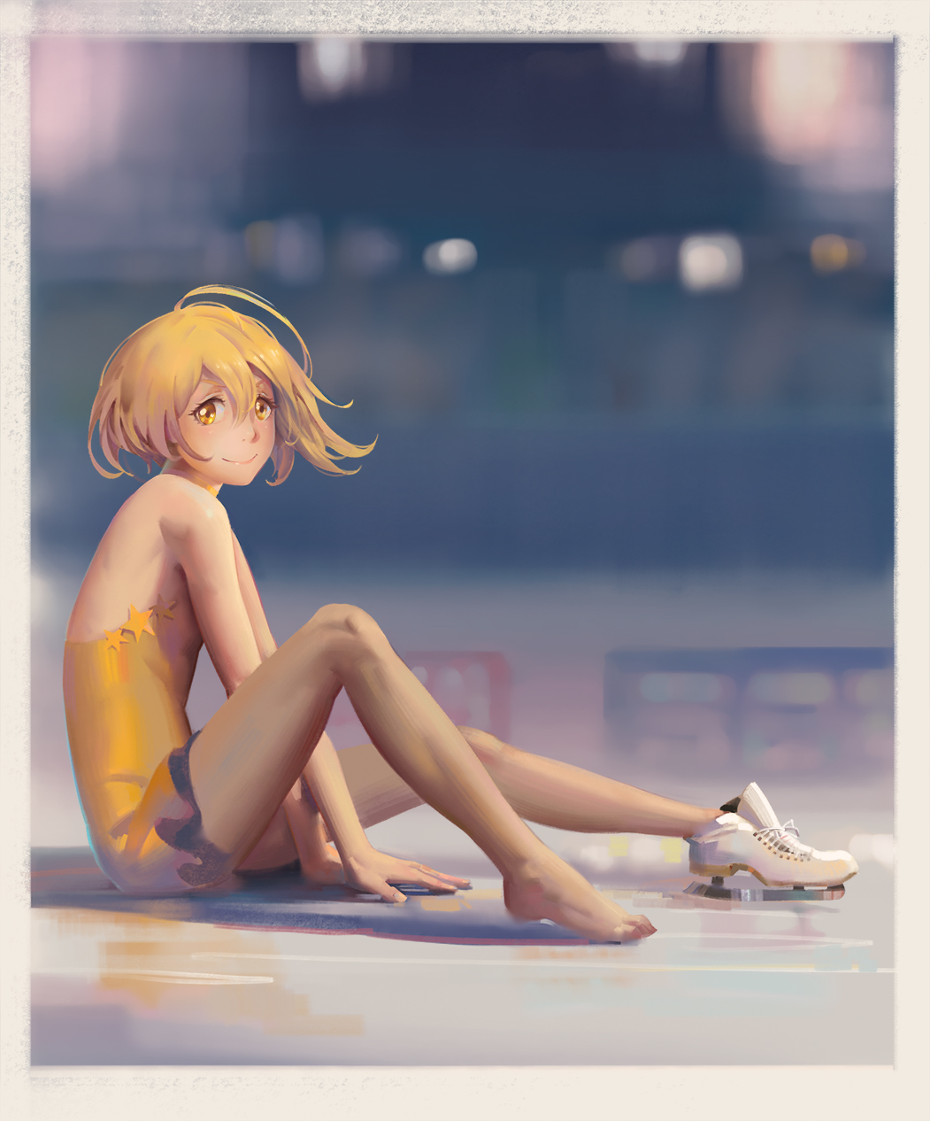 10s 1girl backless_dress backless_outfit barefoot between_legs blonde_hair blurry blurry_background dress female_focus full_body hand_between_legs highres hugtto!_precure kagayaki_homare looking_at_viewer pantyhose precure psi_(583278318) short_dress short_hair sitting sleeveless sleeveless_dress smile solo star_(symbol) yellow_dress yellow_eyes
