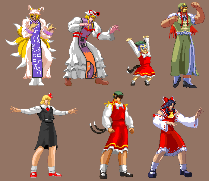 6+boys 6+girls :d animal_ears arms_up ascot beret black_hair blonde_hair blue_hair boots bow bowtie braid cat_ears cat_tail chen china_dress chinese_clothes clenched_hands cosplay crossdressing detached_sleeves dress earrings everyone fighting_stance fox_ears fox_tail frills glasses hair_bow hair_ribbon hakurei_reimu hat hokuto_no_ken hokuto_no_ken:_shinpan_no_sousousei_kengou_retsuden hong_meiling jagi jewelry juda kenshiro lineup long_hair manly mary_janes mask multiple_boys multiple_girls multiple_tails muscular open_mouth outstretched_arms parody pixel_art pun red_eyes red_hair ribbon rumia shin_(1893656) shoes shoot_the_bullet short_hair simple_background single_earring smile socks spread_arms standing star_(symbol) tail tokage toki_(hokuto_no_ken) touhou twin_braids yakumo_ran yakumo_yukari yin_yang yuda_(hokuto_no_ken)