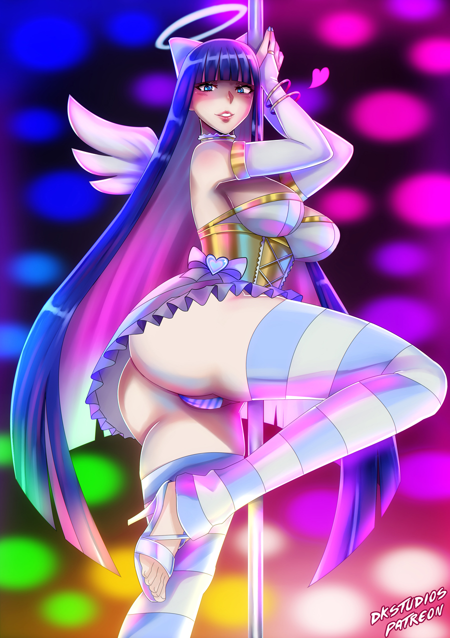 1girl ass bare_shoulders blue_eyes bow breasts bridal_gauntlets choker corset dkstudios05 dress feet frilled_choker frills full_body hair_bow heart high_heels highres large_breasts long_hair looking_at_viewer multicolored_hair panty_&amp;_stocking_with_garterbelt pole shoes sleeveless sleeveless_dress stocking_(psg) striped_clothes striped_thighhighs stripper_pole thighhighs toeless_footwear toes two-tone_hair white_dress