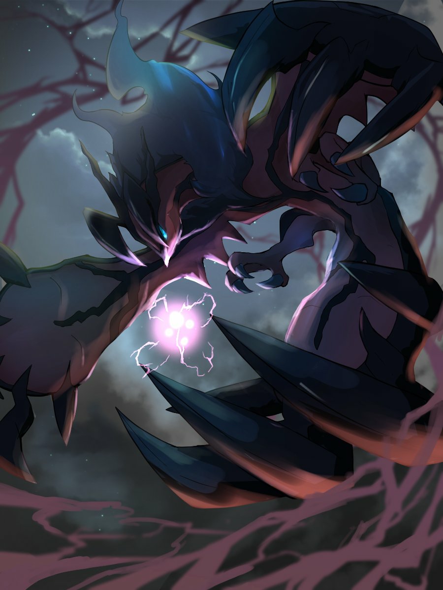 aqua_eyes blurry blurry_background bo_(bouillustration) cloud commentary_request energy_ball gen_6_pokemon glowing glowing_eyes highres legendary_pokemon night nintendo no_humans outdoors pokemon pokemon_(creature) sky solo talons yveltal