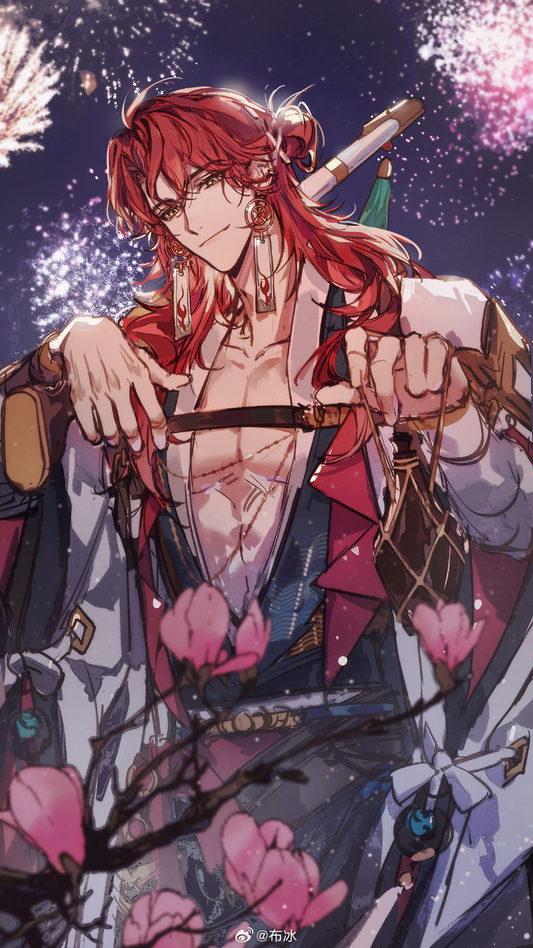 1boy aerial_fireworks blue_robe blurry branch bubing chest_harness chinese_clothes chinese_commentary coat collarbone cowboy_shot curtained_hair depth_of_field earrings fireworks flower fu_xian_(yao_guang_lu) green_eyes gun hair_between_eyes hair_bun hair_ornament half_updo harness highres holding holding_lantern jewelry lantern light_particles long_hair long_sleeves looking_at_viewer magnolia male_focus night open_clothes open_coat outdoors over_shoulder pectoral_cleavage pectorals pink_flower red_sash rifle robe sash smile solo tassel watermark weapon weapon_over_shoulder weibo_watermark white_coat wide_sleeves x_hair_ornament yao_guang_lu