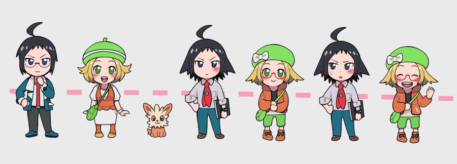 1boy 1girl ahoge bag bianca_(pokemon) black_hair blonde_hair blue_eyes blush cheren_(pokemon) chibi closed_eyes collared_shirt gen_5_pokemon glasses green_eyes green_headwear grey_background hand_on_own_hip jacket lillipup nashubi_(to_infinity_wow) necktie nintendo orange_jacket orange_shoes pokemon pokemon_(creature) pokemon_bw pokemon_bw2 red-framed_eyewear shirt shoes smile sweat white_shirt