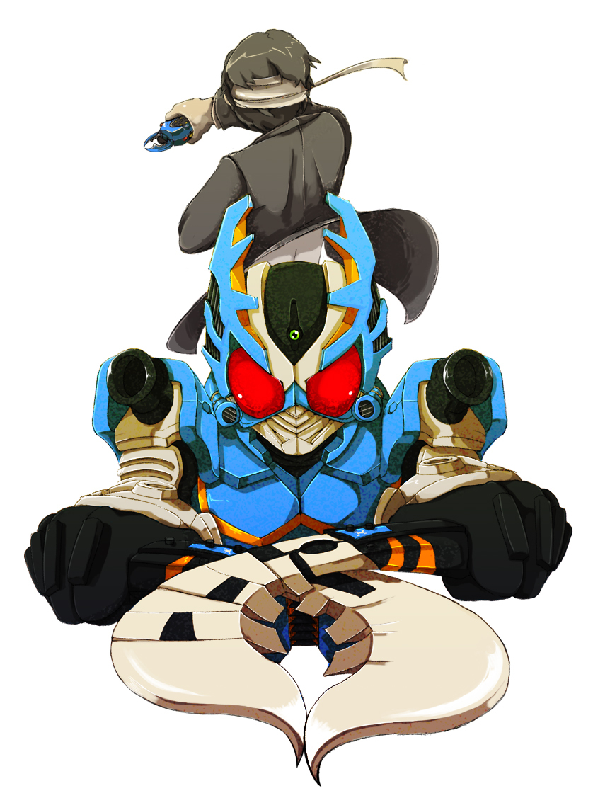 1boy black_hair black_jacket dual_wielding headband holding holding_sword holding_weapon jacket kagami_arata kamen_rider kamen_rider_gatack kamen_rider_kabuto_(series) long_sleeves male_focus open_clothes open_jacket outstretched_arms red_eyes shiroiruka sword upper_body weapon