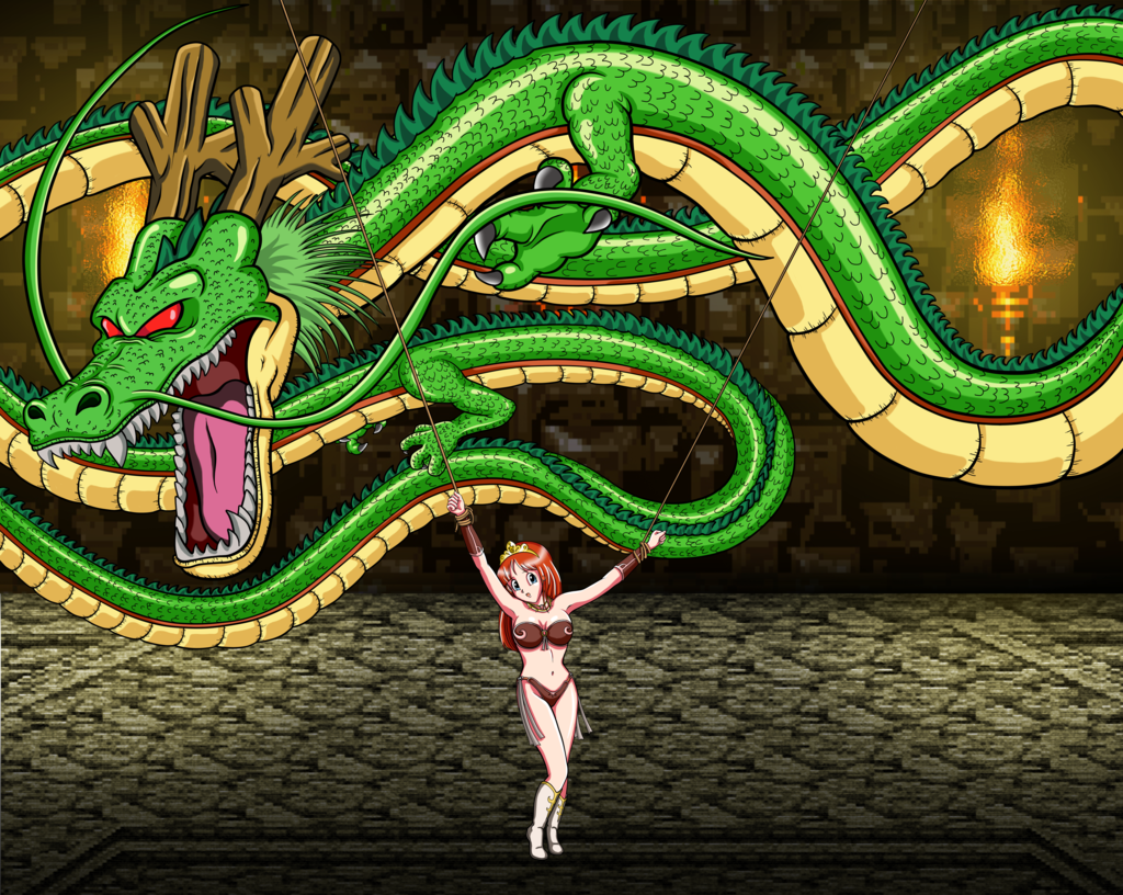 1980s_(style) 1girl bdsm bondage bound bound_arms bound_legs breasts crossover dragon dragon_ball dragon_quest dragon_quest_i eastern_dragon jewelry long_hair necklace oldschool open_mouth princess princess_laura professormegaman rope scenery shenron tail tiara