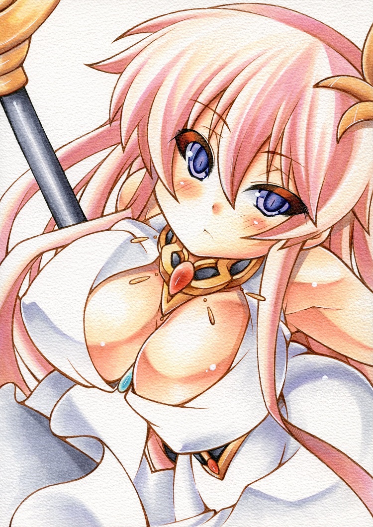 1girl athena bare_arms blue_eyes blush breasts cleavage colored_pencil_(medium) dress female_focus kido_saori large_breasts marker_(medium) millipen_(medium) pen_(medium) pink_hair saint_seiya simple_background sleeveless sleeveless_dress slit_pupils solo traditional_media white_background white_dress yutakasan-love