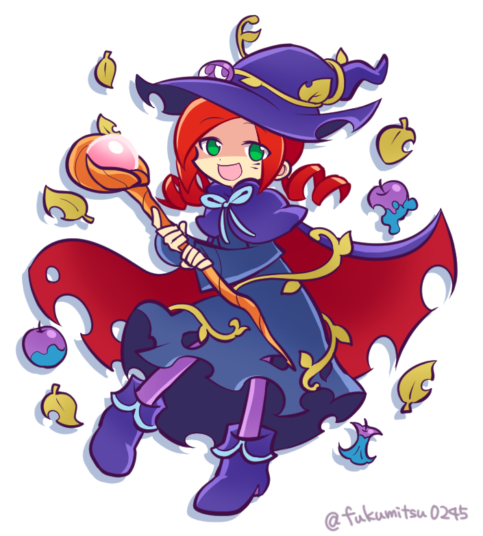 1girl andou_ringo boots capelet commentary_request dot_nose drill_hair fukumitsu_(kirarirorustar) full_body green_eyes hat holding holding_staff leaf long_sleeves looking_at_viewer poison_apple poison_ringo purple_boots purple_capelet purple_hat puyo_(puyopuyo) puyopuyo puyopuyo_quest red_hair robe signature simple_background solo staff torn_clothes torn_robe twin_drills witch_hat