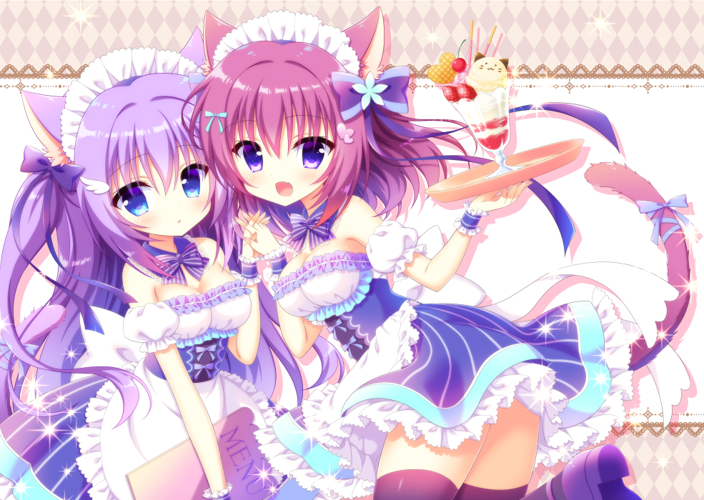 2girls animal_ear_fluff animal_ears apron argyle_background argyle_clothes back_bow blue_bow blue_eyes blue_ribbon blush bow breasts cat_ears cat_girl cat_tail cherry cleavage comiket_92 detached_collar diamond_(shape) dress fang flower food frilled_apron frilled_dress frilled_skirt frilled_sleeves frills fruit hair_between_eyes hair_intakes hair_ornament hair_ribbon heart heart_hair_ornament holding holding_plate interlocked_fingers kamishiro_piyo lace long_hair looking_at_viewer maid maid_apron maid_headdress mary_janes multiple_girls off_shoulder open_mouth original pink_hair plate ponytail puffy_short_sleeves puffy_sleeves purple_eyes purple_footwear purple_hair purple_ribbon ribbon shoes short_sleeves side_ponytail sidelocks simple_background skin_fang skirt small_breasts standing standing_on_one_leg strawberry striped_bow tail tail_bow tail_ornament thighhighs vertical_stripes waist_apron white_bow white_flower wing_hair_ornament wrist_cuffs