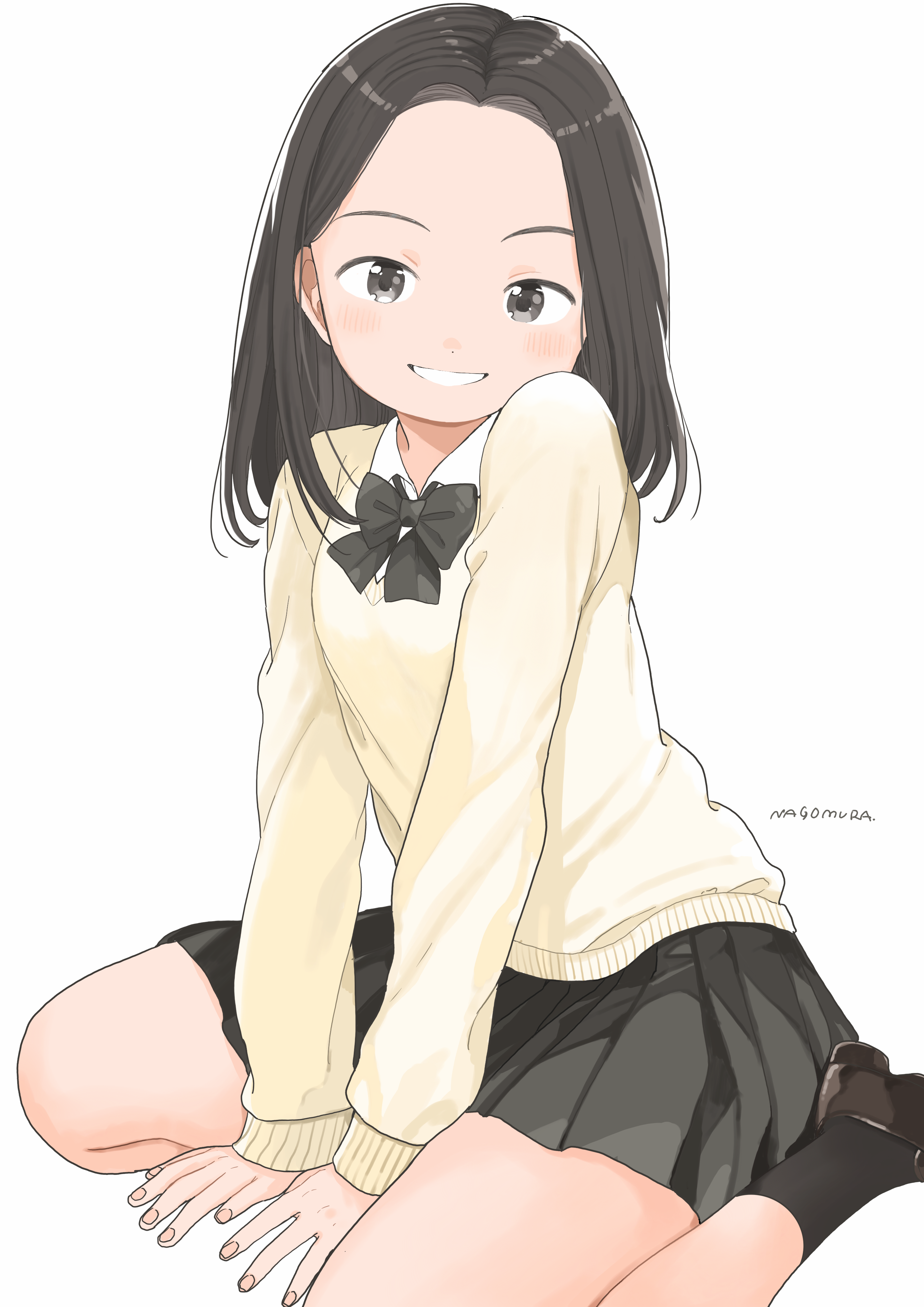 1girl absurdres between_legs black_hair black_skirt black_socks blush cardigan grin hand_between_legs highres large_forehead loafers looking_at_viewer medium_hair nagomurasan original pleated_skirt school_uniform shoes signature sitting skirt smile socks thighs v_arms wariza yellow_cardigan