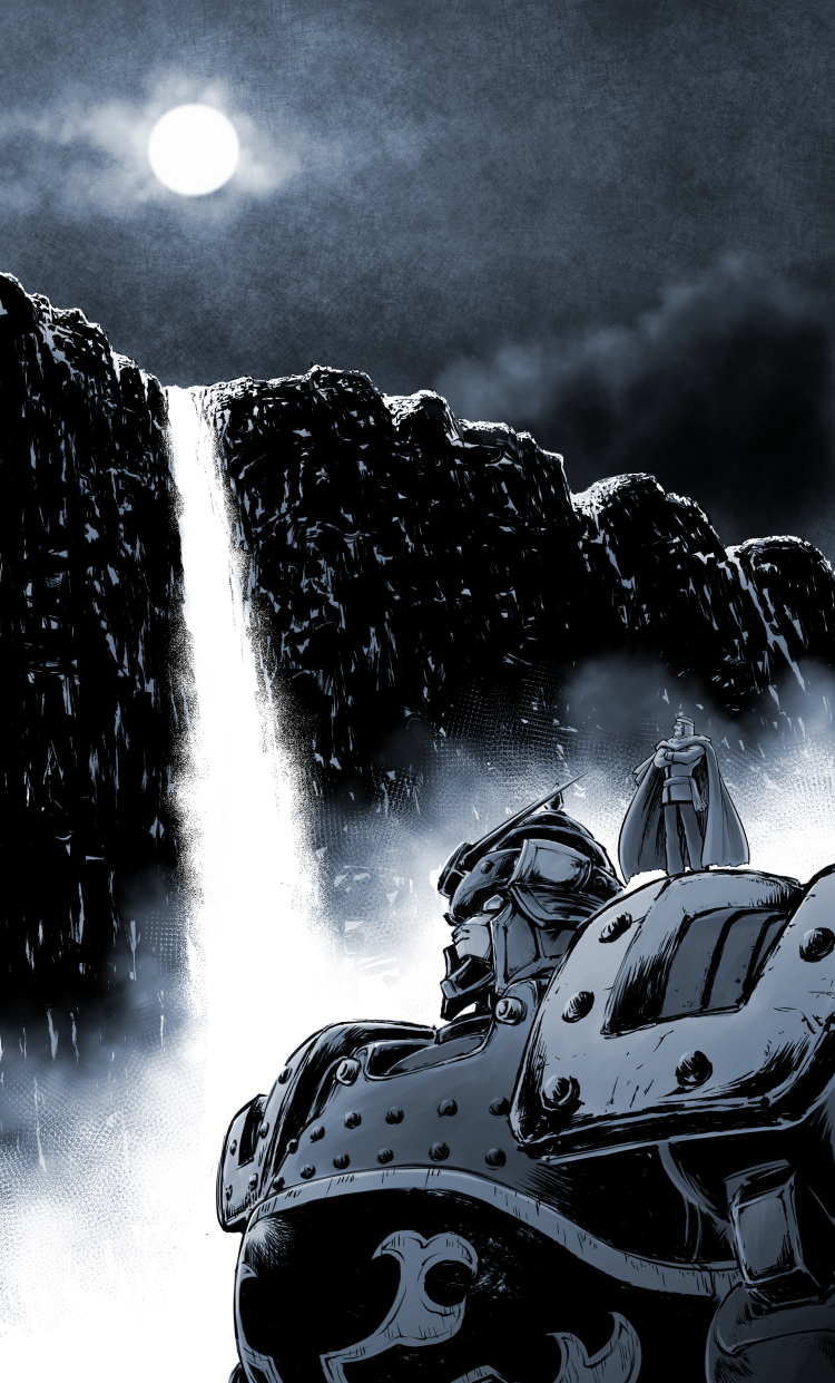 1boy armor blue_theme cape chinese_clothes cliff cloud commentary_request crossed_arms facial_hair fog full_body full_moon g_gundam glowing gundam highres kowloon_gundam looking_up master_asia mecha mobile_suit monochrome moon mustache night night_sky outdoors partial_commentary rivets robot saboten7 sash science_fiction size_difference sky solo spiked_helmet standing standing_on_shoulder turban v-fin water waterfall