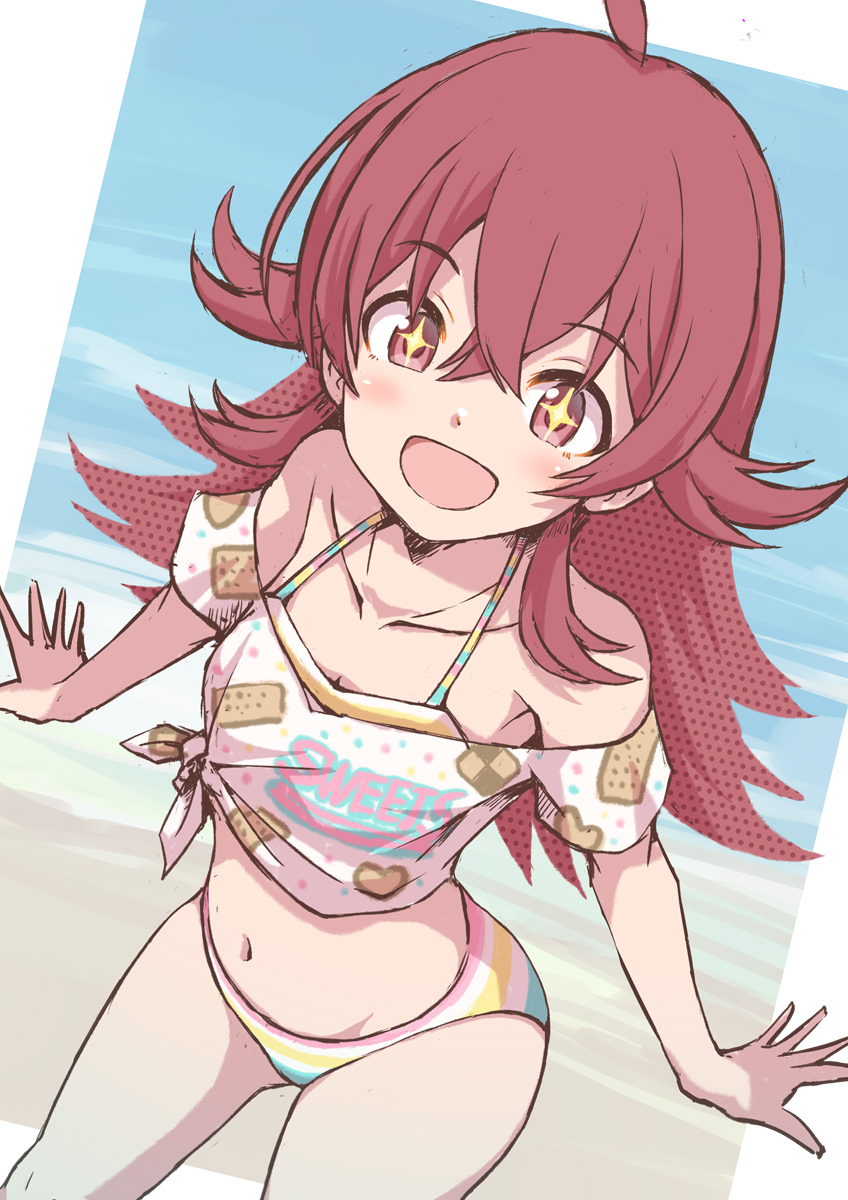 1girl ahoge beach bikini blush breasts collarbone commentary hair_between_eyes hair_flaps highres idolmaster idolmaster_shiny_colors komiya_kaho long_hair looking_at_viewer multicolored_bikini navel ocean open_mouth print_shirt red_eyes red_hair satomura_kyou shirt short_sleeves sidelocks small_breasts smile solo sparkling_eyes stomach striped_bikini striped_clothes swimsuit thighs white_shirt