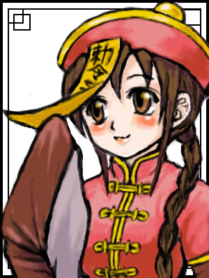 1girl 2000s_(style) blush braid braided_ponytail brown_eyes brown_hair brown_shirt closed_mouth commentary_request feliciel hat jacket jiangshi long_hair looking_at_viewer lowres munak ofuda ragnarok_online red_hat red_jacket shirt simple_background single_braid sleeves_past_fingers sleeves_past_wrists smile solo upper_body white_background