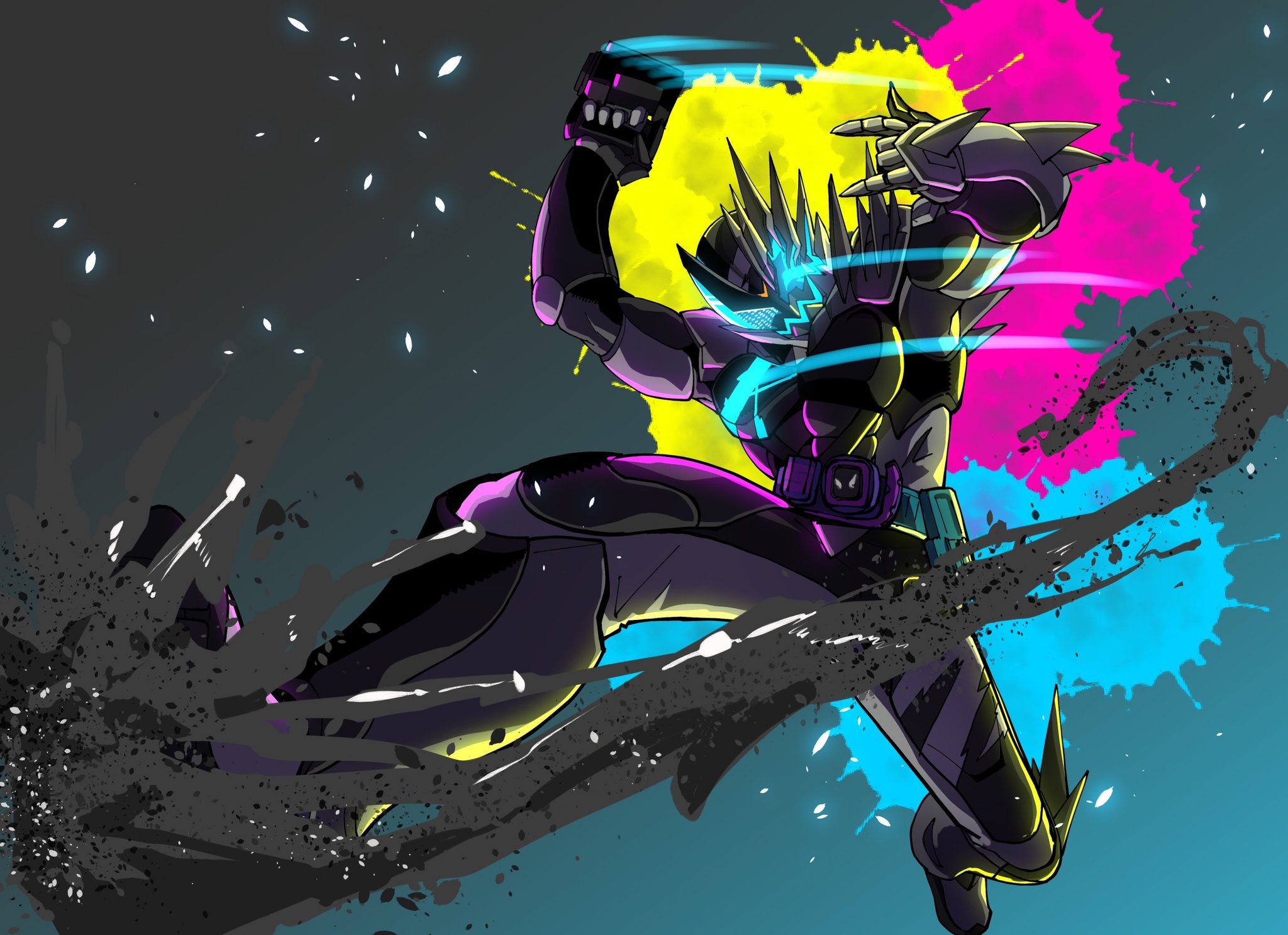 1boy \m/ amakawa_mayu armor asymmetrical_armor black_armor black_background black_scarf blue_eyes bodysuit commentary_request compound_eyes demon_boy rider_belt finishing_move full_body helmet highres ink kamen_rider kamen_rider_jack_revice kamen_rider_revi kamen_rider_revice kicking male_focus monsterification official_alternate_costume pink_armor rider_kick rolling_vistamp scarf sharp_teeth shoulder_armor simple_background spiked_armor splatter_print teeth tokusatsu weapon