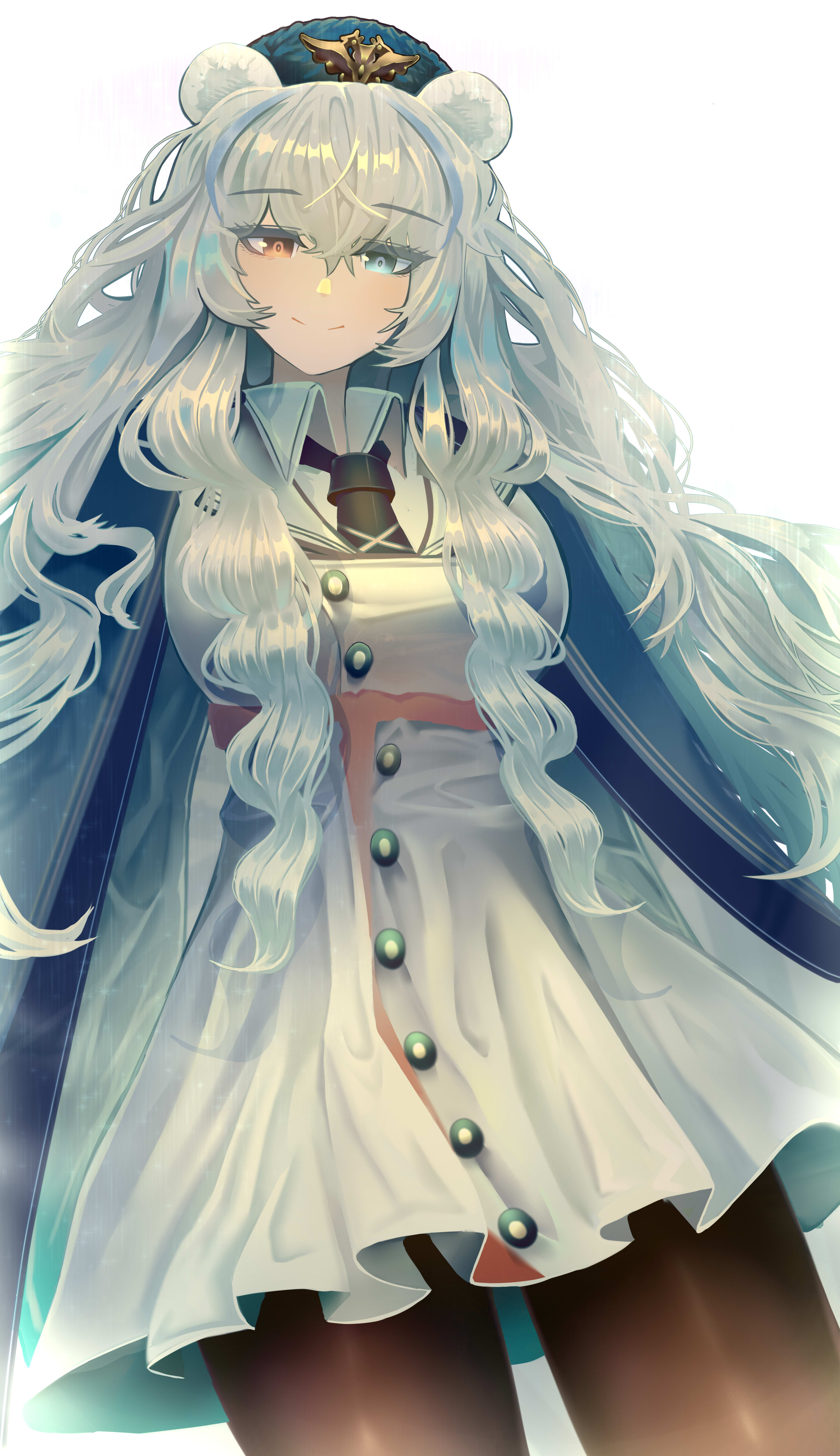 1girl absurdres animal_ears arknights bear_ears bielin blue_necktie fur_trim grey_eyes hair_between_eyes heterochromia highres jacket long_hair long_sleeves looking_at_viewer multicolored_eyes multicolored_hair necktie pantyhose pom_pom_(clothes) red_eyes rosa_(arknights) simple_background smile solo standing streaked_hair white_background white_hair white_jacket