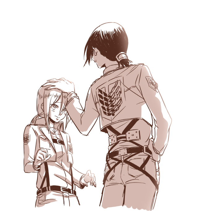 2girls from_behind hak_(fox0179) hand_on_another&#039;s_head hand_on_own_hip height_difference jacket krista_lenz monochrome multiple_girls ponytail shingeki_no_kyojin white_background ymir_(shingeki_no_kyojin)