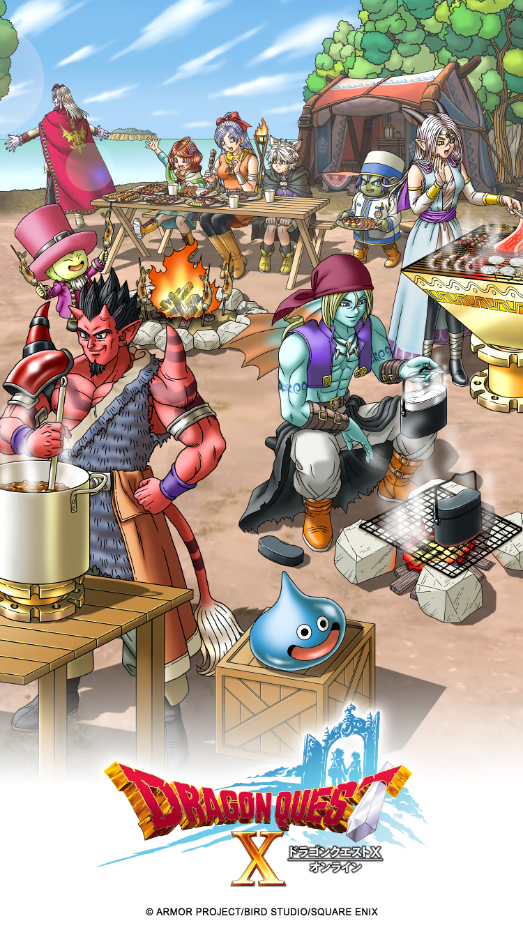 3girls 6+boys abs animal_ears aqua_eyes arm_tattoo armor artist_request ascot azbar_(dragon_quest) bandana black_cloak black_hair black_horns blonde_hair blue_hair blue_skin boots bow bridal_gauntlets cape capelet character_request circlet cloak colored_skin cooking cooking_pot copyright_logo copyright_name demon_boy dragon_quest dragon_quest_x duura_(dq10) dwarf_(dq10) earrings estella_(dq10) facial_hair fins fish food green_skin grill grilling hair_bow hand_on_own_hip hat head_fins highres holding holding_food holding_plate horns hyuuza_(dq10) jewelry jiganfu large_ears lens_flare long_hair looking_at_another looking_at_food meat medium_hair mereade multiple_boys multiple_girls muscular muscular_male naburetto necklace official_art ogre_(dq10) one-shoulder_tunic open_mouth orange_tunic outstretched_arms pants pauldrons pelt pink_hat pink_skin plate pointy_ears porte_(dq10) puklipo purple_eyes purple_hair purple_skin purple_vest red_bandana red_bow red_cape red_eyes red_horns red_skin shish_kebab short_hair shoulder_armor silver_armlet silver_circlet single_pauldron slime_(dragon_quest) smile squatting stirring stud_earrings sweatdrop tail tattoo third-party_source tooth_necklace top_hat tunic vest weddie_(dq10) white_ascot white_bridal_gauntlets white_hair yellow_eyes