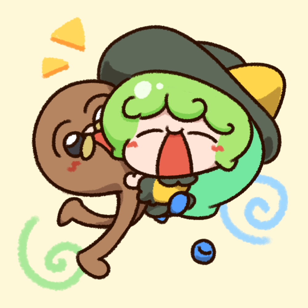 1girl black_hat blouse blue_shoes blush chibi closed_eyes collared_shirt commentary commission english_commentary frilled_shirt_collar frilled_sleeves frills full_body gondola_(meme) green_hair green_skirt hat hat_ribbon hug komeiji_koishi long_hair long_sleeves meme numenoko open_mouth ribbon shirt shoes simple_background skirt smile solo tan_tan_pou touhou wide_sleeves yellow_background yellow_ribbon yellow_shirt