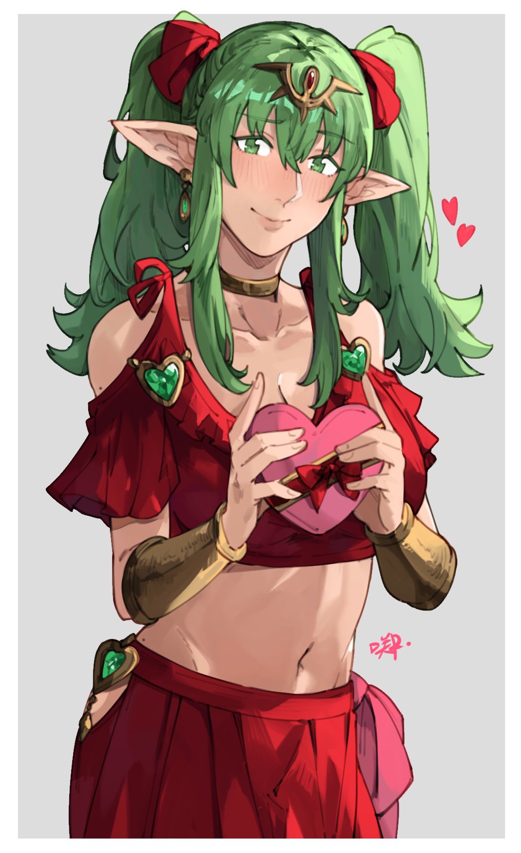 1girl alternate_costume alternate_hairstyle box breasts cleavage earrings fire_emblem fire_emblem_awakening green_eyes green_hair hair_ribbon heart highres holding holding_box jewelry long_hair looking_at_viewer medium_breasts midriff navel nintendo pointy_ears red_ribbon red_skirt ribbon sakuremi sidelocks skirt smile solo tiara tiki_(adult)_(fire_emblem) tiki_(fire_emblem) twintails valentine