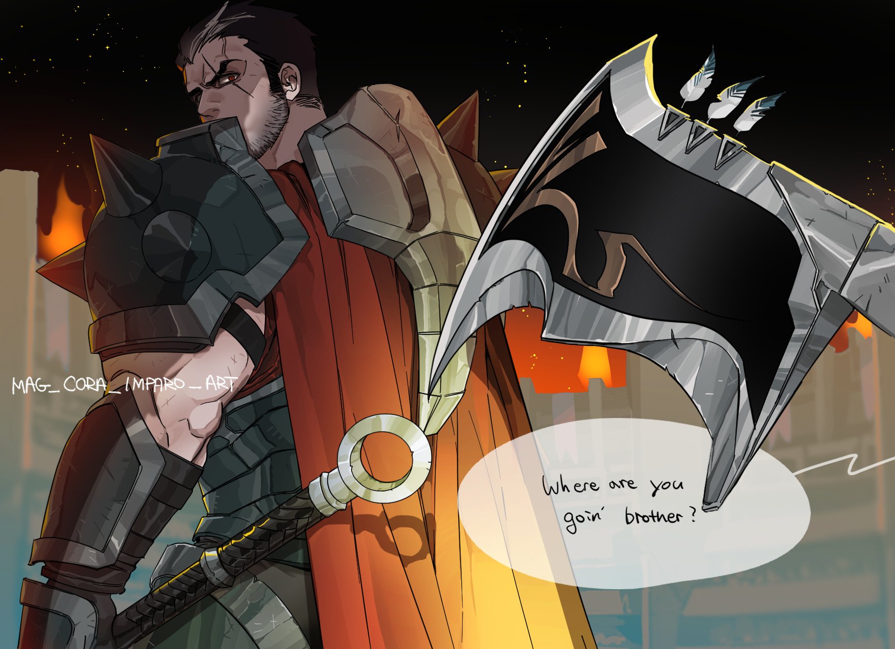 1boy armor artist_name axe beard black_hair cape darius_(league_of_legends) english_text facial_hair feet_out_of_frame gauntlets highres holding holding_axe league_of_legends looking_at_another looking_back mag_cora_imparo male_focus manly mature_male multicolored_hair muscular muscular_arms muscular_male night night_sky pointing_melee_weapon red_eyes scar short_hair shoulder_armor signature sky solo sparkle speech_bubble white_hair